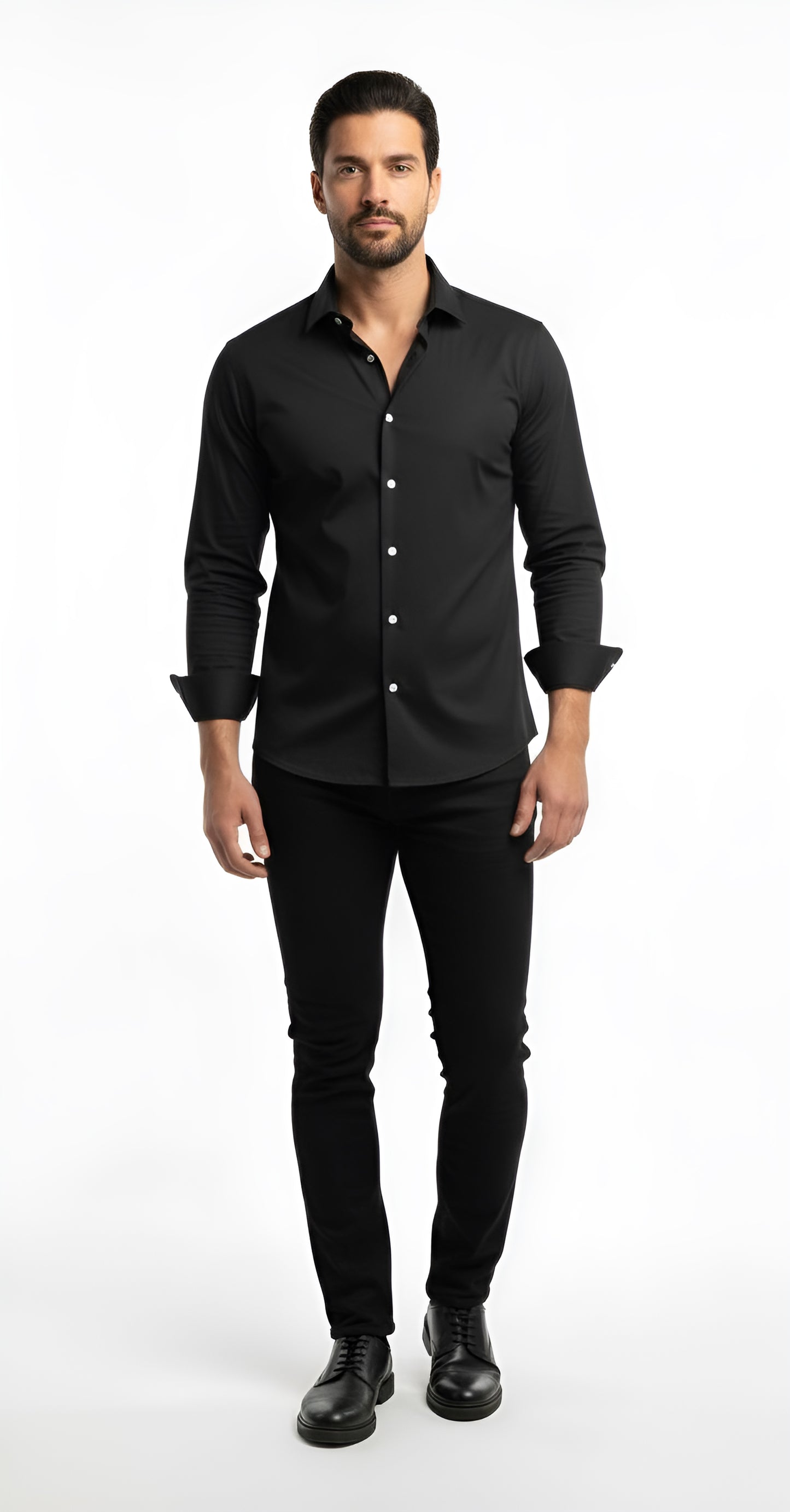 Casual Shirt - Polished Black with White Buttons