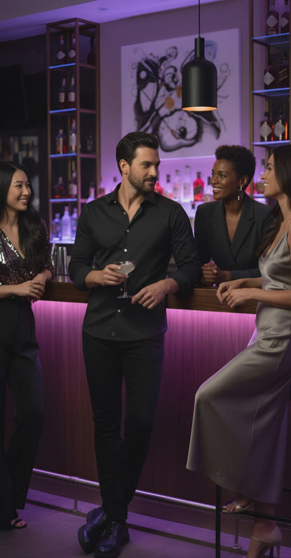 Casual Shirt - Polished Black with White Buttons