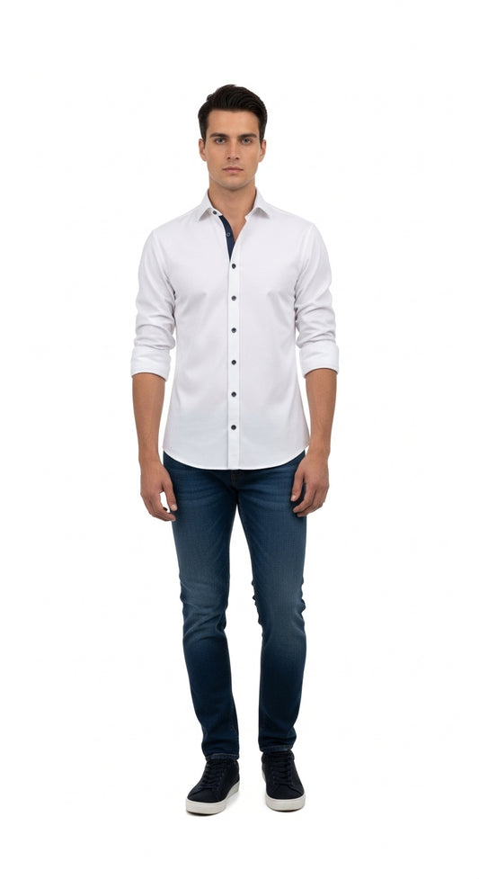 Casual Shirt - Palatial White with Navy Contrast